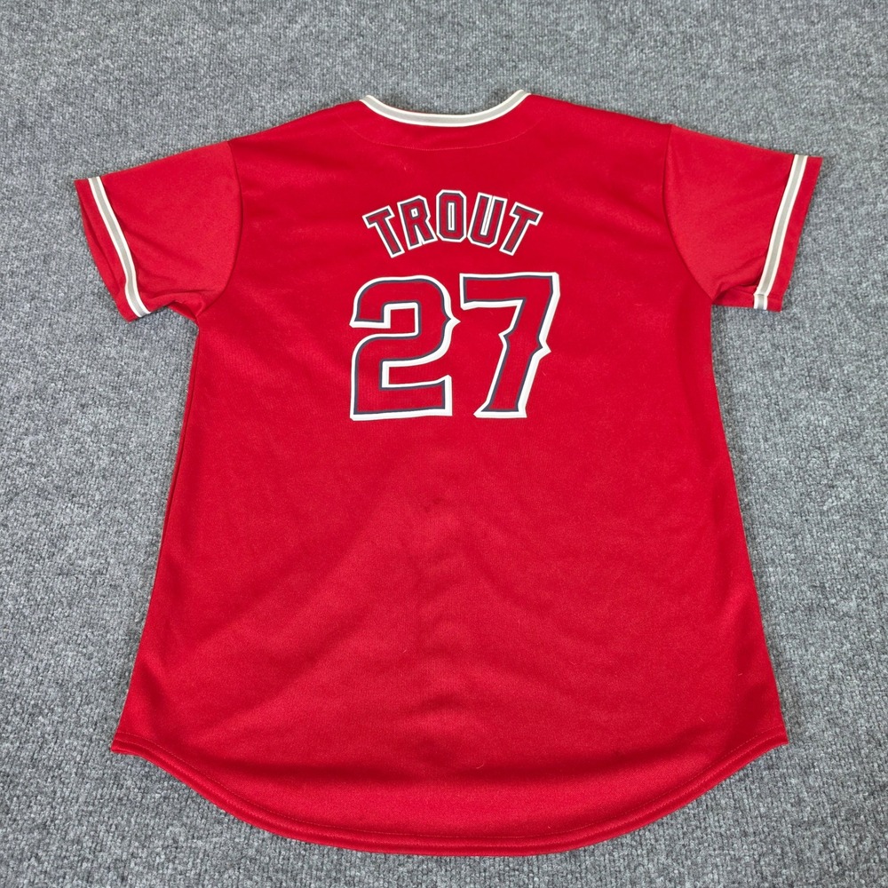 Majestic Mike Trout Los Angeles Angels Red Baseball Jersey Mens XL 27 Button Up